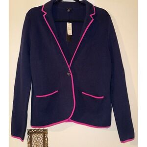 Talbots Petites Navy Blue Knit Blazer Hot Pink Trim Button Front Size LP NWT